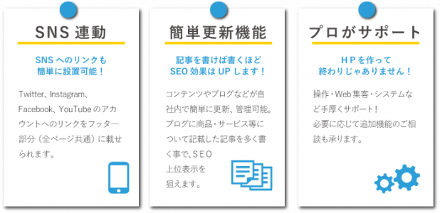 SNS連動、簡単更新機能、プロがサポート